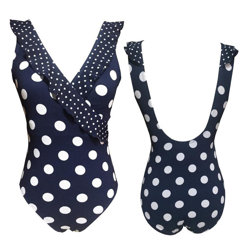 STOCK!! WOMEN'S white dots printed ONE PIECE Swimsuit with Frill FULL SIZE