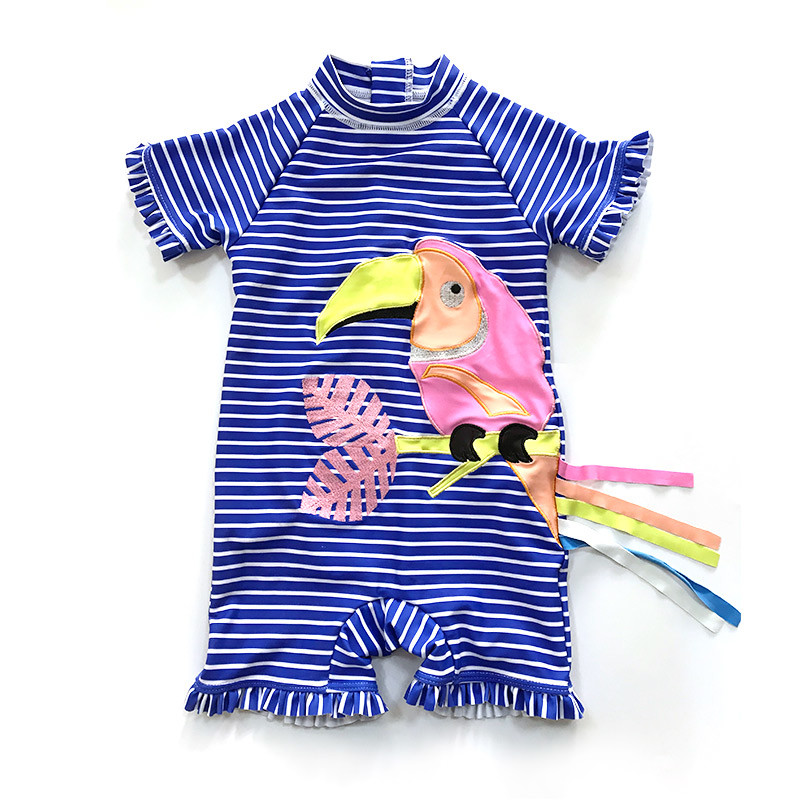 Striped print Baby/Infant's One-piece Rashguard with parrot embroider, Zipper at Center Back, UPF 50+ Sun Protection