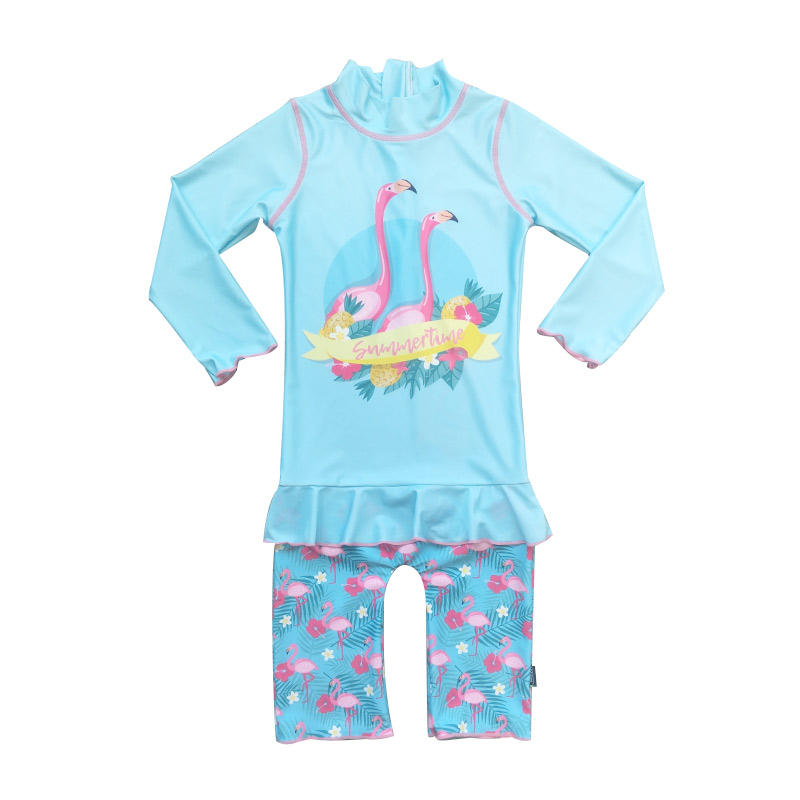 Long Sleeves One-piece Surf Girls’/Children's Rashguard with UPF 50+ Sun Protection, ruffles at hem, zipper at center back