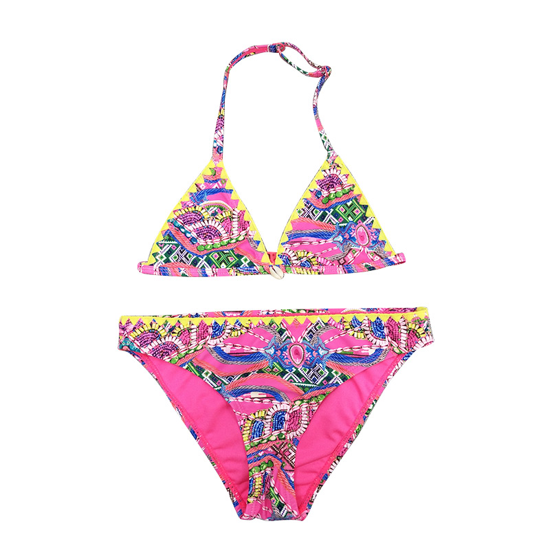 Girl’s Printed Bikini with Blanket stitching around cup edge and waistband edge