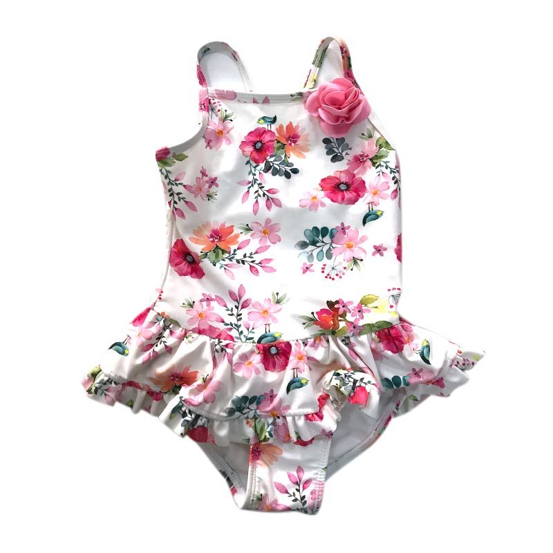 Girl's printed swimsuit with big ruffle and fancy trim