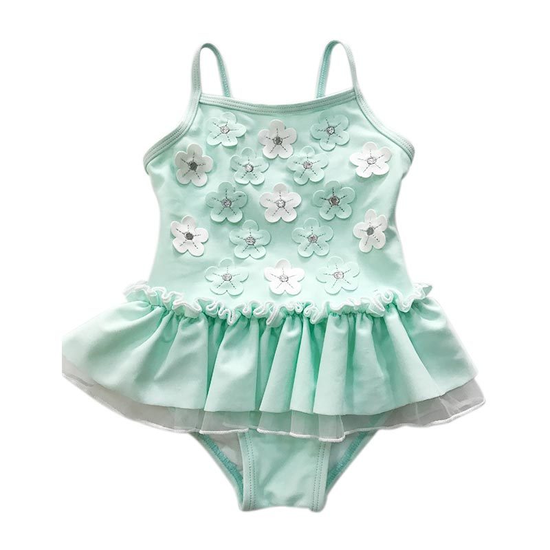 Girl's solid swimsuit with big ruffle and fancy trim